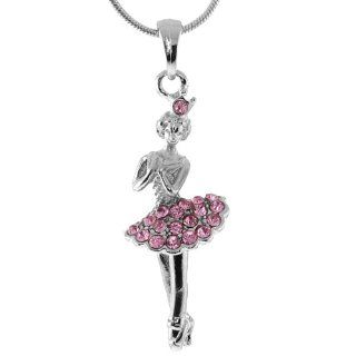 1 1/2" Ballerina Figure With Pink Crystal Silver Pendant and 16" Snake Chain: Jewelry