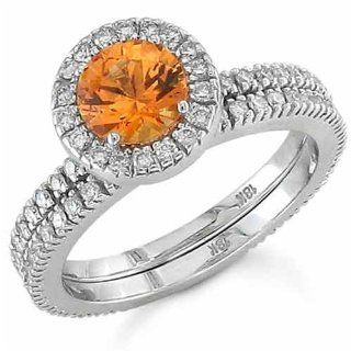 18Kt White Gold Mandarin Garnet Diamond Wedding Ring Set: Jewelry