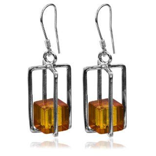 Millennium Collection Sterling Silver Rectangular Earrings with Honey Amber Cubes: Ian and Valeri Co.: Jewelry