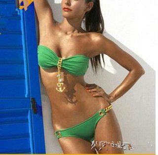 Two Piece Golden Dangle Type Design Green Women Swimsuit Swimwear Bikini(M) : Athletic Two Piece Swimsuits : Sports & Outdoors