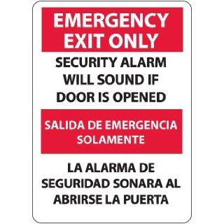 NMC M734AB Bilingual Exit/Entrance Sign, Legend "EMERGENCY EXIT ONLY SECURITY ALARM WILL SOUND IF DOOR IS OPENED", 10" Length x 14" Height, Aluminum 0.40, Red/Black on White: Industrial Warning Signs: Industrial & Scientific
