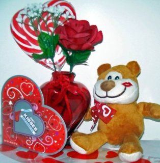 Valentine Gift Assortment Heart Shapped Box of Hershey's Milk Chocolate Kisses, Fun Brown Plush Bear, Cherry Red Heart Vase with Red Rose and Baby's Breath with Giant Heart Lollipop : Gourmet Chocolate Gifts : Grocery & Gourmet Food