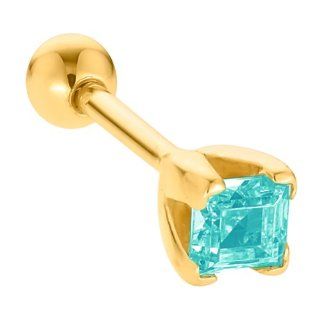 3mm Aquamarine (March) Princess Cut 14K Yellow Gold Cartilage Stud Earring: FreshTrends: Jewelry