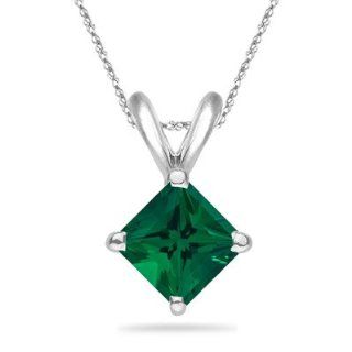 0.12 0.18 Cts of 3 mm AAA Princess Russian Lab Created Emerald Solitaire Pendant in 14K White Gold Jewelry