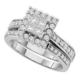 14K White Gold Illusion Setting Invisible Set Princess Cut Center with Side Stones Pave Set Round White Diamonds Duo 2 Two Piece Womens Ladies Bridal Set Wedding Engagement Solitaire Ring Band ( 0.50 cttw H   I Color SI3   I1 Clarity ) (Size 4 ~ 9): Jewelr