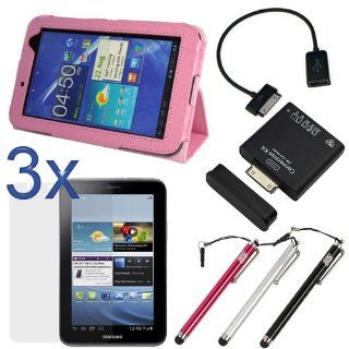 EveCase Pink Folio PU Leather Stand Case Cover with 3pcs Screen Protector, 3pcs Pen style Stylus, a SD Card Reader and an OTG USB Adapter for Samsung Galaxy Tab 2 Android TouchScreen Tablet (7.0 inch,WiFi, P3100/P3110): Computers & Accessories