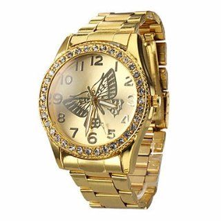 Women's Butterfly Pattern Diamond Case Gold Steel Quartz Analog Wrist Watch: Watches