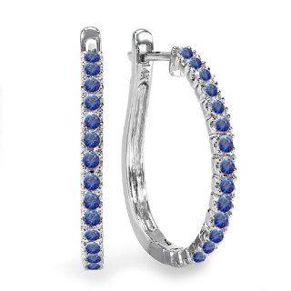 0.50 Carat (ctw) 14k White Gold Round Blue Sapphire Ladies Hoop Earrings 1/2 CT: Earrings For Women: Jewelry