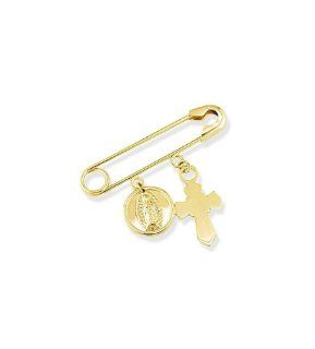 14k Yellow Gold Cross Mother Mary Safety Pin Brooch: Jewelry