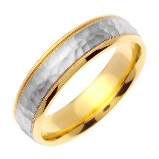 7mm Solid 14K White & Yellow Gold Two Tone Hammered Texture Milgrain Wedding Ring Band for Men (Sizes 9   14): JDBands: Jewelry