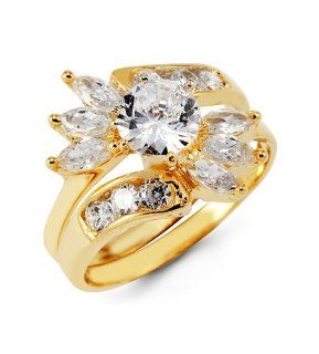 14k Yellow Gold Marquise Round CZ Wedding Rings Set: Jewelry