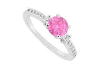 Round Pink Sapphire with Diamond Princess Cut Engagement Ring in 14K White Gold 0.75 Carat TGW: LOVEBRIGHT: Jewelry