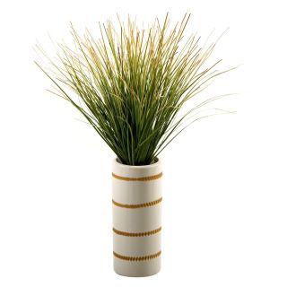 D and W Silks Green/Brown Onion Grass in Tall Ceramic Vase with Strips   Silk Plants