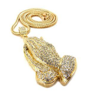 Iced Out LG Gold 3D Praying Hands Pendant w/4mm 36" Franco Chain MP789G: Pendant Necklaces: Jewelry