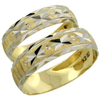 10k Gold 2 Piece Wedding Band Ring Set Him & Her 5.5mm & 4.5mm Diamond cut Pattern Rhodium Accent, Ladies Size 5: Jewelry