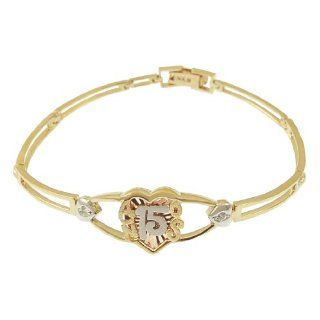14k Tricolor Gold, 15 Anos Quinceanera Heart Bracelet with Lab Created Gems 13mm Wide: Jewelry