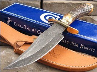 Colt Knives 804 Damascus Traditional Hunter Fixed Blade Knife with Round Design Stag Handles : Fixed Blade Camping Knives : Sports & Outdoors