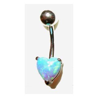 Blue Opal Heart belly button ring in 14 karat White Nickel Free Gold: Belly Button Piercing Rings: Jewelry