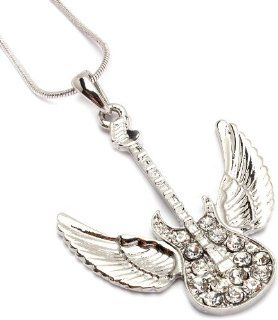 Crystal Embellished Flying Angel Wings Electric Guitar Charm Necklace Silver Tone Fashion Jewelry: Jewelry