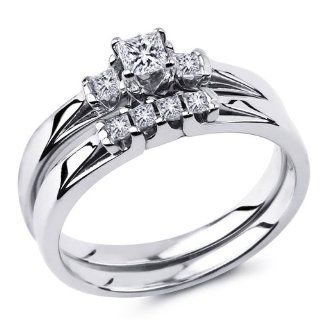 14K White Gold Princess cut Diamond Ladies Women Matching Engagement Wedding Ring Band 2 Pieces Bridal Sets (0.43 CTW., F G Color, SI1 Clarity): The World Jewelry Center: Jewelry