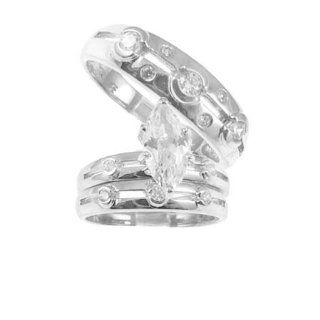 14k White Gold, Trio Three Piece Wedding Ring Set with Lab Created Gems: Jewelry