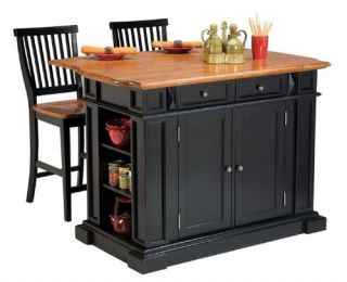 Home Styles Large Kitchen Island Set with 2 Stationary Stools   Antique Black & Oak   Kitchen Islands and Carts