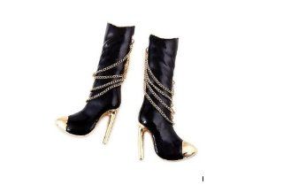 Black and Gold High Heel Boots with Chains and Gold Tips 3.25 Inches: Jewelry