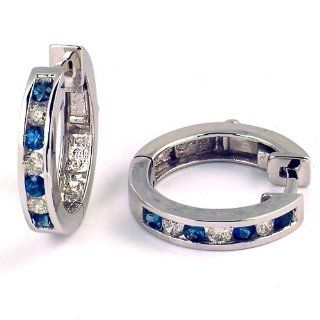 1/2 Carat Channel Set Diamond & Sapphire Earrings in White Gold (with Safety Lock): Hoop Earrings: Jewelry