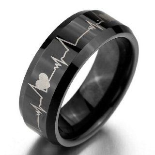 JBlue Jewelry Men's Wide 8mm Tungsten Ring Bands Black Heart Comfort Fit Valentine Love Couples Promise Wedding Engagement (with Gift Bag): Jewelry
