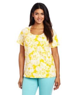 Jones New York Women's Plus Size Short Sleeve Leaf Print Scoop Neck Top, Freesia Yellow/White, 3X Fashion T Shirts
