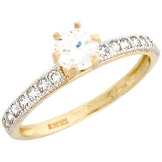 10k Yellow Gold Round Cut CZ Engagement Ring with Channel Set accents: Jewelry