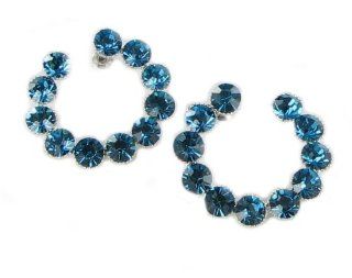 Teal Blue Rhinestone Post Earrings Silver Tone Loop Style Prom: Jewelry