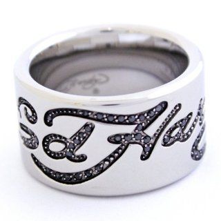 Ed Hardy Logo Men's Band Ring W/ Black Cz Stone: Jewelry