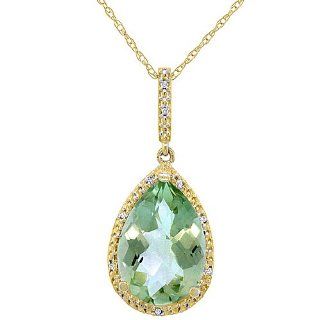 10K Yellow Gold Natural Green Amethyst Pendant Pear Shape 10x15 mm & Diamond Accents: Jewelry