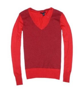 Tommy Hilfiger Women Thin Stripes V neck Sweater Pullover (XS, Red/navy)
