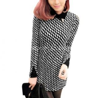 Ladies Houndstooth Zipper Back Closure Decor Faux Leather Wing Neckline Tunic Shirts White Black XS at  Womens Clothing store