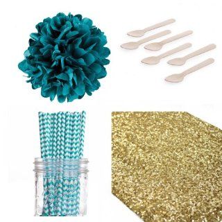 Dress My Cupcake Sequin Table Runner with Tissue Pom Poms Dessert Table Party Kit and Aqua Chevron Straws Kitchen & Dining