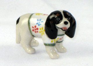 CAVALIER KING CHARLES SPANIEL tri colored Dog n Sweater w/Flowers SUPER MINIATURE Porcelain Figurines KLIMA L885F   Collectible Figurines