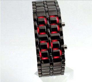 USAMZ909 New Bright Black Jewelry Lava Iron Samurai Metal Volcanic Lava Red LED Stainless Steel Band Watch: Watches