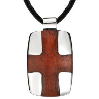 Modern and Masculine: Designer Style Stainless Steel High polish Dog Tag with Redwood Cross Pendant on a Black Cord: Peora: Jewelry