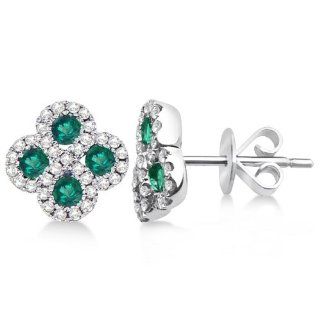 Fancy Round Shaped Green Emerald and Diamond G H/SI Clover Post Earrings in 14K White Gold (0.90ctw): Stud Earrings: Jewelry