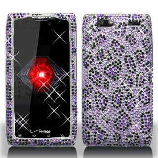 Motorola Droid RAZR Maxx XT916 XT 916 Cell Phone Full Crystals Diamonds Bling Protective Case Cover Black and Purple Leopard Animal Skin Design Cell Phones & Accessories