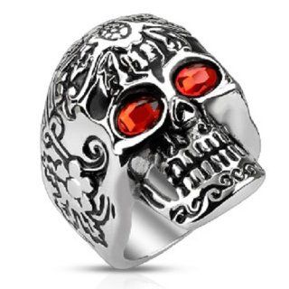 Large Stainless Steel Day of the Dead Red CZ Eyes Skull Ring Sizes 9 14: Jewelry