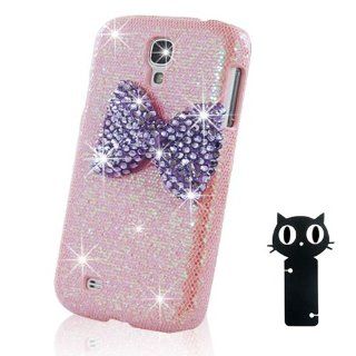 Eva Ace Bling Spark Pink Case Cover with 3D Purple Bowknot for SamSung Galaxy S4 SIV I9500 with Free Black Cat Winder: Cell Phones & Accessories