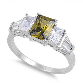 Everything925 .925 Sterling Silver 7MM (1.28 Carat Weight) Sparkling Emerald Cut CZ Design Engagement Ring With Peridot and Clear CZ Stones   5: Jewelry