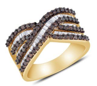Yellow Gold Plated 925 Sterling Silver Invisible & Channel Set Round Brilliant and Baguette Cut Chocolate Brown and White Diamond Ladies Womens Wedding Band OR Anniversary Ring (1.23 cttw.): Jewelry