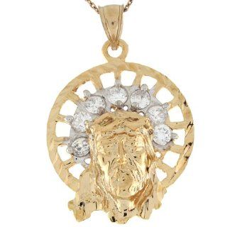 10k Yellow Gold White CZ 4.0cm Jesus Face Diamond Cut Christian Pendant: Jewelry