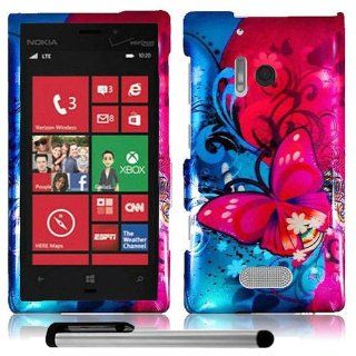 Pink Butterfly Bliss Blue Swirl Distinctive Artistic Design Protector Hard Cover Case for Nokia Lumia 928 (Verizon) Microsoft Windows Phone 8 + Free 1 Garnet House New 4"L Silver Stylus Touch Screen Pen: Cell Phones & Accessories