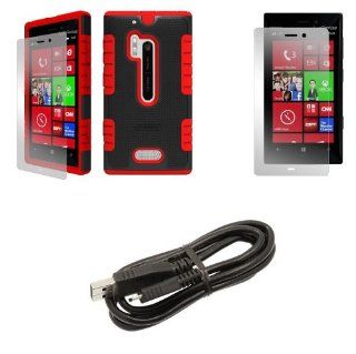 Nokia Lumia 928   Premium Accessory Kit   Black/Red Heavy Duty Rugged Combat Armor Case + Atom LED Keychain Light + Screen Protector + Micro USB Data Cable: Cell Phones & Accessories
