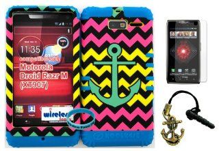 Hybrid Cover Bumper Case for Motorola Droid Razr M (XT907, 4G LTE, Verizon) Teal Anchor on Pink, Yellow, Black Chevron Pattern Snap on + Blue Silicone (Included Wristband, Screen Protector and Owl Dust Plug Charm By Wirelessfones): Cell Phones & Access